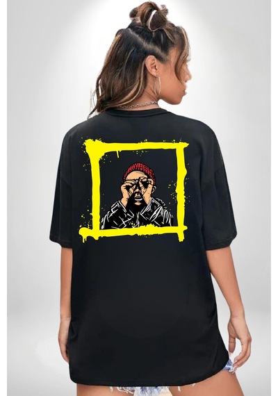 Fantastik Sanatsal Yeni Nesil Kırmızı Bere El İle Dürbün Siyah Oversize Unisex Ön Ve Sırt Baskılı Tişört Siyah