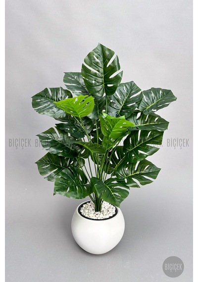 Biçiçek Yapay Monstera Deve Tabani Bi̇tki̇si̇ 65 Cm Beyaz Küre Saksıda