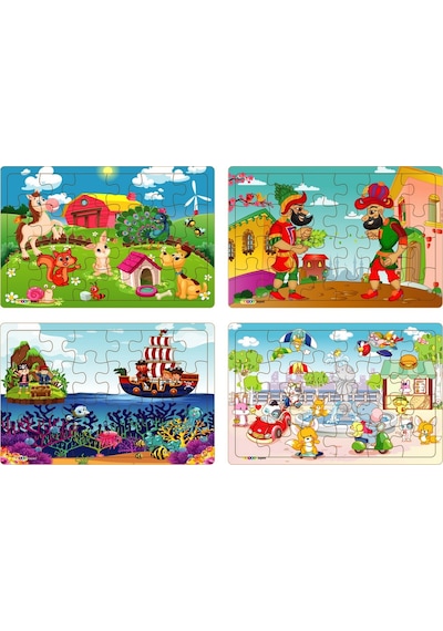 Yeni 4 Adet 24 Parçalı Ahşap Puzzle Yapboz Sevimli Dostlar. Kara