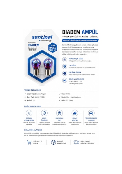 Diadem Ampul 12v P21w Ba15s Mor Efektli Sinyal Ve Park Ampulü, Yüksek Işık Performansı 2 Adet