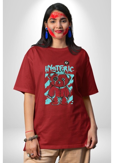 Histerik Pamuklu Bisiklet Yaka Unisex Oversize Boyfriend Dijital Baskılı Kırmızı T-shirt Kırmızı