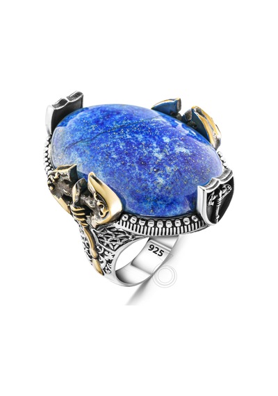 Gümüş Büyük Kasa Lapis Lazuli Taşlı Balta Tasarım Erkek Yüzük Gümüş