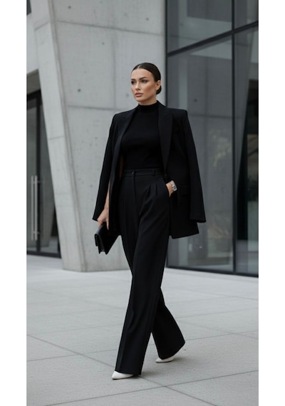 Bol Paça Yüksek Bel Kadın Plazzo Pantalon Siyah Siyah