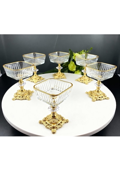 Çnr Home Collection 6 Adet Metal Ayaklı Magnolia-kase-dondurmalık-şekerlik-sunumluk Gold