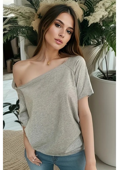 Cool Tarz Gri Kadın Düşük Omuz Kayık Yaka Oversize T-shirt Gri Gri