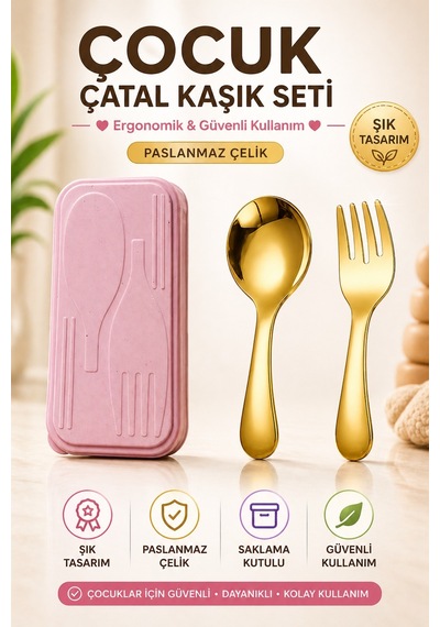 Gold Renk Premium Çocuk Paslanmaz Çelik Uçlu Çatal-kaşık Set 24+ Ay