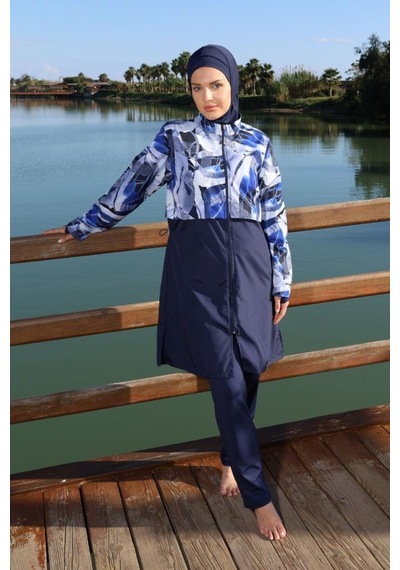 Estiva 26977 Lacivert Blue Motion Tam Kapalı Croplu Pantolonlu Tesettür Mayo