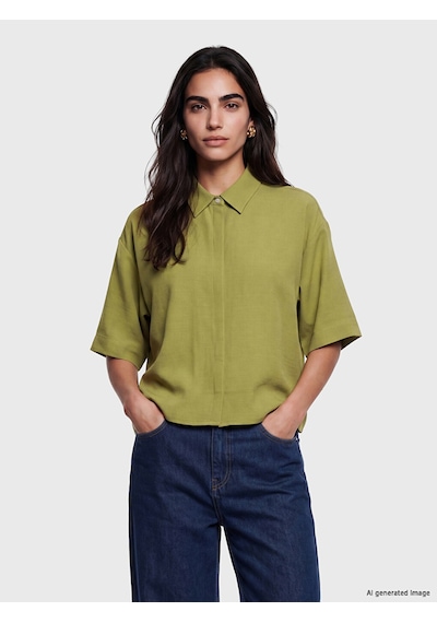 Lcw Vision Yeşil Keten Karışımlı Oversize Kadın Gömlek