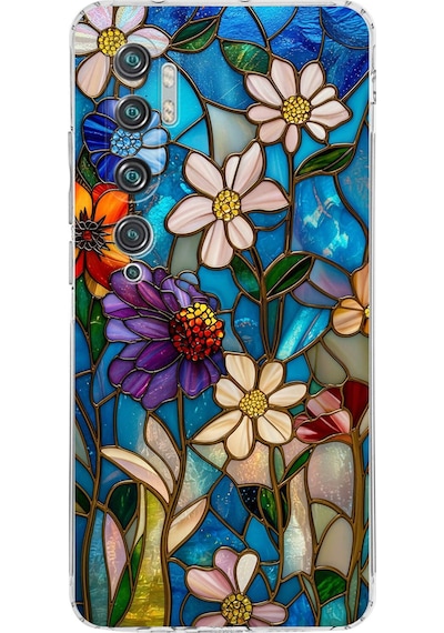 Printify Xiaomi Mi Note 10 Pro İle Uyumlu Vitray Mavi Bahar Tasarımlı Şeffaf Silikon Kılıf Şeffaf
