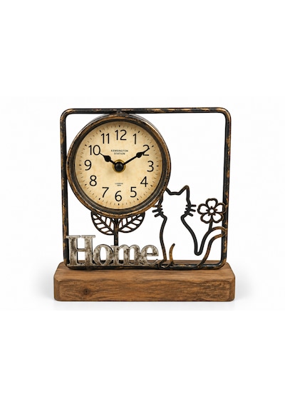 Kedi Desenli Home Temalı Ferforje Saat Dekoratif Masa Saati Eskitme Bakır Metal Ahşap Taban Vintage Nostaljik Kedi Figürlü Ev Ofis Salon Sehpa Konsol Kitaplık Dekorasyonu Kedi Desenli Home Temalı Ferforje Saat Dekoratif Masa Saati Eskitme Bakır Metal Ahşap Taban Vintage Nostaljik Kedi Figürlü Ev Ofis Salon Sehpa Konsol Kitaplık Dekorasyonu