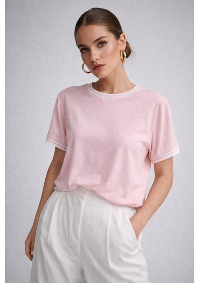 Kadın Pembe Bisiklet Triko Yaka Kısa Kollu Basic T-shirt Pembe