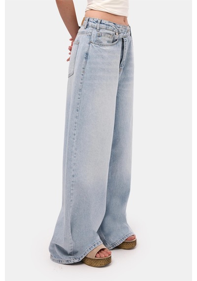 Itsbasic Kadın Kot Rengi 4s6-3 Mega Baggy Fit Kemer Detaylı Bol Kesim Denim Jean Mavi