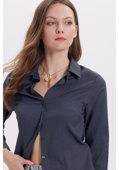 Tudors Kadın Slim Fit Dar Kesim Klasik Yaka Uzun Kollu Antrasit Gömlek-40358 Antrasit