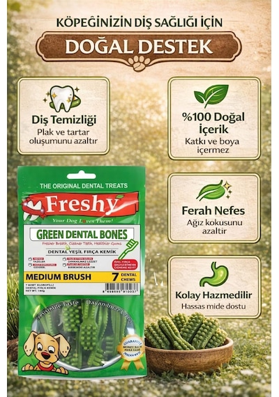 Green Dental Bones Medium Köpek Ödülü 140g Ağız Kokusu Giderici, Diş Temizleyici, Plak & Tartar Önleyici, Doğal Klorofilli 7'li Paket