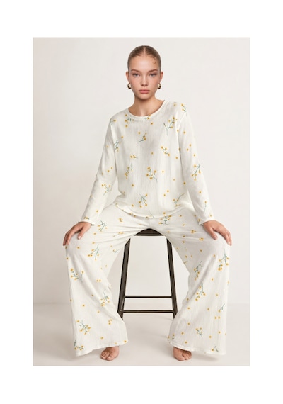 Fit Women Kadın Desenli Uzun Kollu Ekru Pijama Takımı 4722