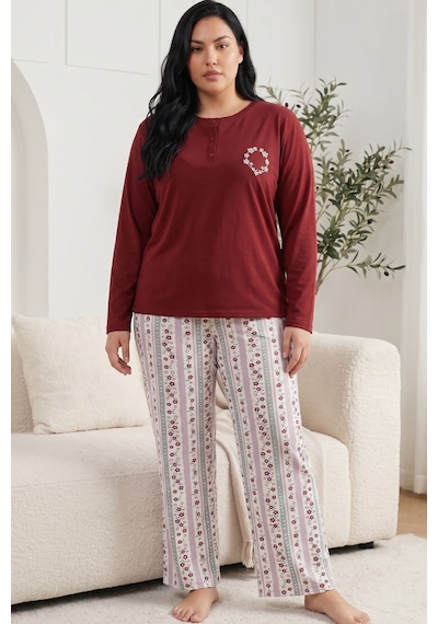 Siyah İnci Nakışlı Düğmeli Pamuklu Likralı Büyük Beden Battal Boy Örme Pijama Takım 26240948 Bordo