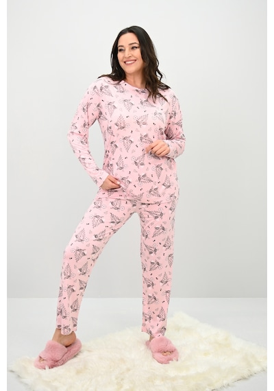 Kadın Büyük Beden Çiçek Desenli Uzun Kollu Pijama Takımı 4235-25 Siyah