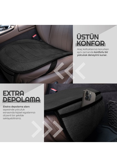 Otom Premium Ön Koltuk Minderi Yüksek Kalite Keten Ekstra Cepli Siyah