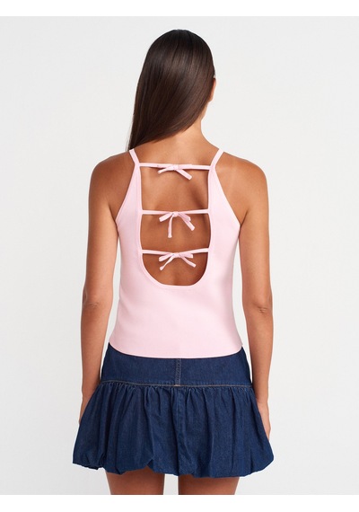 Dilvin 10772 Askılı Fiyonk Detaylı Triko Bluz-pembe Pembe