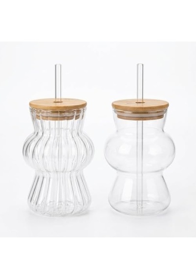 İkili Cam Soğuk Kahve Bardağı 2 Li Set Bambu Kapaklı Ve Cam Pipetli, 350 Ml Estetik Tasarım, Iced Coffee & Smoothie Bardağı 13 Cm Aeropress