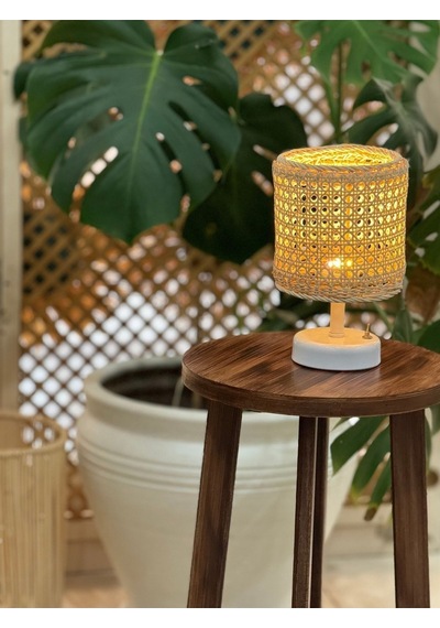 Hazeran & Rattan Masa Üstü Kablosuz Pilli Abajur Masa Lambası Beyaz