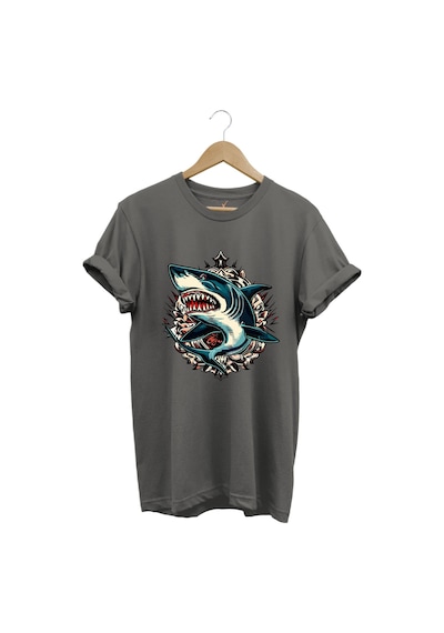 Köpek Balığı Baskılı Deniz Kum Güneş Shark Baskılı Regular Fit %100 Pamuk Gri T-shirt Antrasit