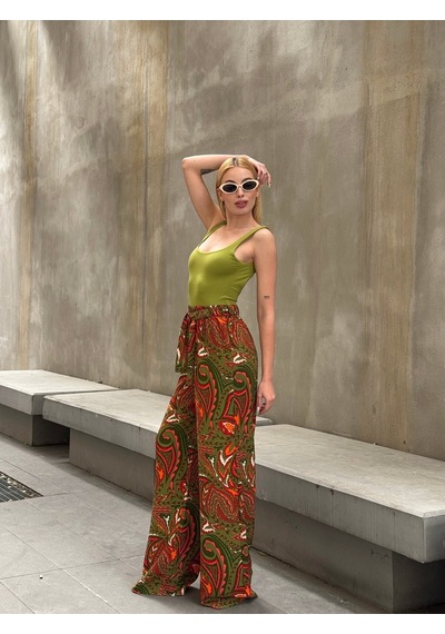 Mamayaga Kadın Yüksek Bel Kuşaklı Desenli %100 Viscose Pamuk Geniş Paça Şık Casual Büyük Beden Curve Pantolon Haki