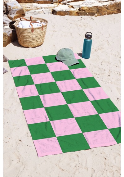 Damalı Kareli Pembe Yeşil Plaj Havlusu - Modern Geometrik Havuz Deniz Hızlı Kuruyan Mikrofiber Havlu Köpük Esinti