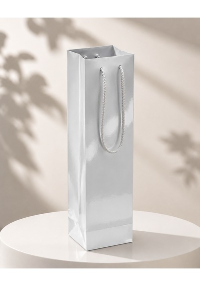 Şişelik İpli Gümüş Karton Poşet, 1 Adet - 12x10x38 Cm, Kalın Yapı