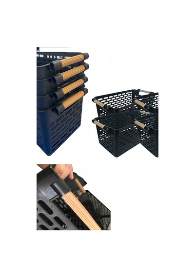 4 Adet Ahşap Renk Plastik Saplı Organizer Sepet Düzenleyici Siyah Plastik Siyah Renkli