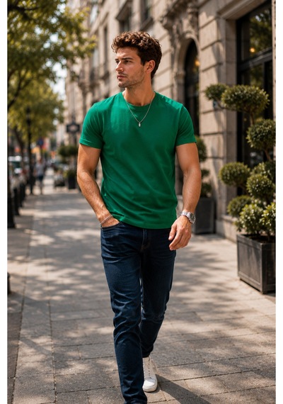 Luxıc Core Erkek Slim Fit Yeşil Bisiklet Yaka Pamuk Penye Günlük Rahat Basic Tişört