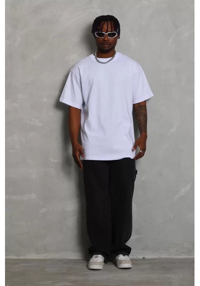 Yake Store Unisex Oversize Düz Bisiklet Yaka T-shirt - Beyaz - Beyaz
