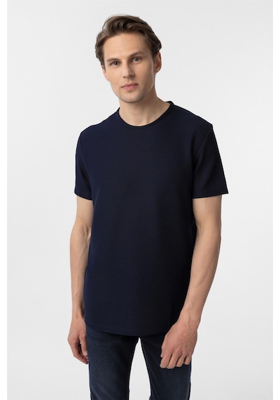 Süvari Lacivert Slim Fit Armürlü Bisiklet Yaka Tişört-37379 Lacivert