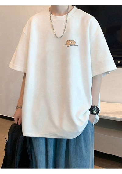 Unisex Beyaz Oversize Super Polite Bear Baskılı Örme T-shirt Beyaz