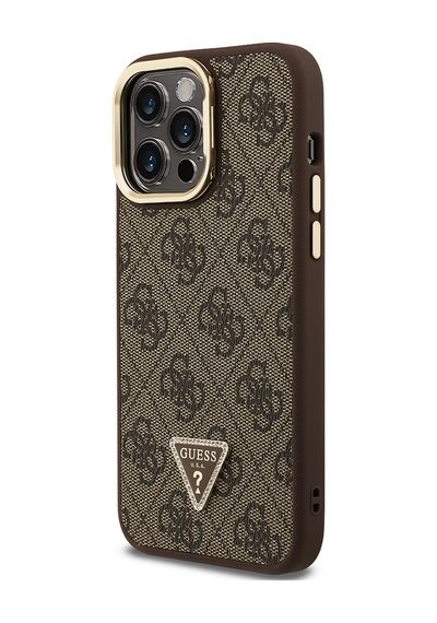 Apple Uyumlu iPhone 14 Pro Max Kılıf Guess Lisanslı Üçgen Logo 4g Desenli Kamera Standlı Kapak Kahverengi
