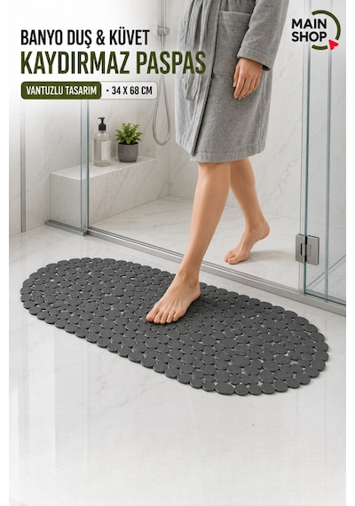 Mainshop Güvenli Ve Kaydırmaz Gri Duş Paspası - 34x68 Cm Vantuzlu Banyo Paspası M-130