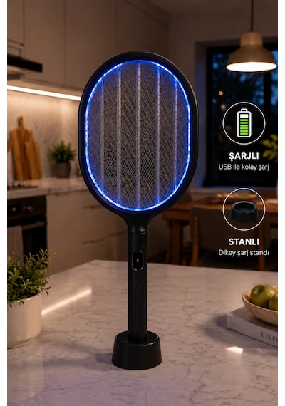Glr Ltd-718 Siyah Elektrikli Sinek Raketi 1200mah Bataryalı, Type-c Şarjlı, Dijital Ekranlı Sinek Ö