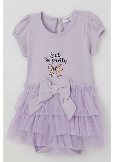 Breeze Kız Bebek Kısa Kollu Çıtçıtlı Zıbın Elbise Tütü Etekli Fiyonk Detaylı 6 Ay - 2 Yaş , Lila