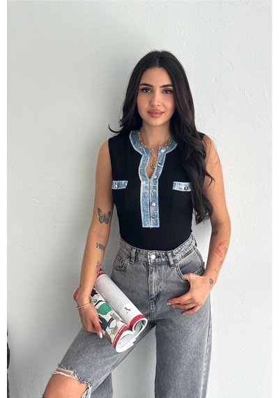Femelle Kadın Siyah Kot Detaylı Pul Payet İşlemeli %100 Pamuk Kolsuz Triko Bluz