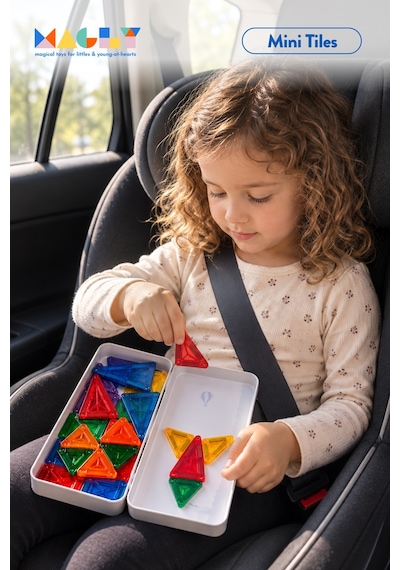 Magly Mini Tiles - Seyahat Boy Manyetik Yapı Blokları - Çocuklar İçin Metal Kutulu 32 Parça Mini Manyetik Oyun Seti