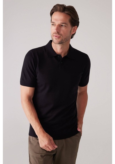 Erkek Siyah Slim Fit Kaşmir Karışımlı Polo Yaka Tişört
