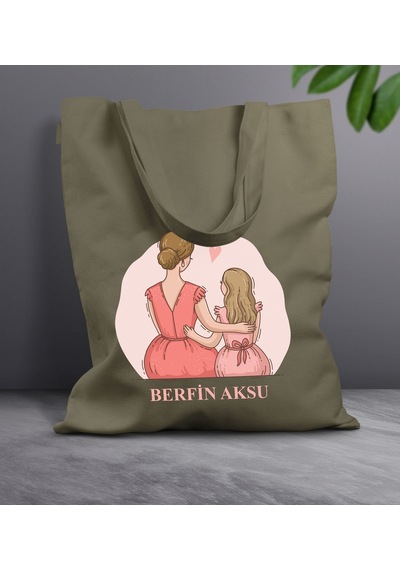 Bk Gift Kişiye Özel İsimli Anneler Günü Tasarımlı Haki Kumaş Bez Çanta, Baskılı Omuz Çantası, Alışveriş Çantası, Anneler Günü Hediyesi, Anneye Hediye-5 Sarı