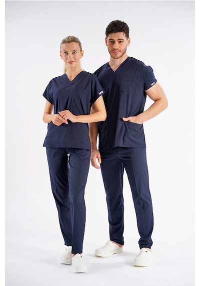 Lacivert Dr. Greys Modeli Likralı Hemşire Forması Unisex Yarasa Kol Doktor Scrubs Hastane Takımı Lacivert