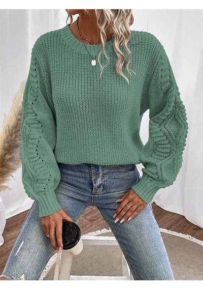 Selanik Örgü Kol Motifli Bisiklet Yaka Yeşil Triko Kazak Yeşil