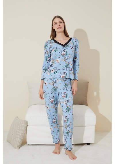 Siyah İnci Pamuklu Örme Pijama Takım 24240105 mavi