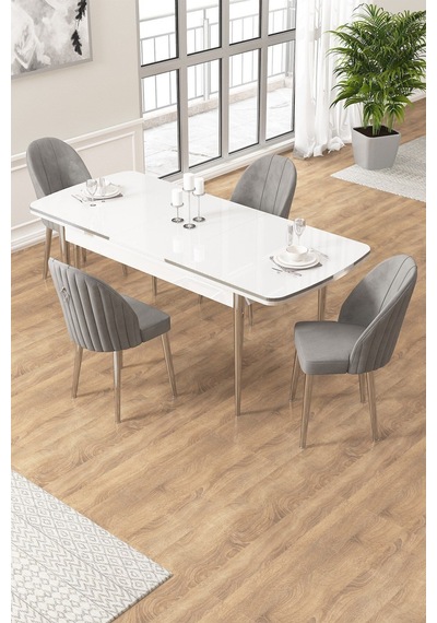 Canisa Edaf Serisi 80x132 Açılabilir Beyaz Mutfak Masa Takımı 4 Gri Sandalye Krom Detay Masa Beyaz Sandalye Antrasit Krom Ayak Canisa Edaf Serisi 80x132 Açılabilir Beyaz Mutfak Masa Takımı 4 Gri Sandalye Krom Detay Masa Beyaz Sandalye Antrasit Krom Ayak