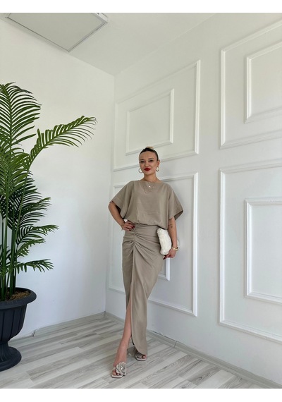 Keymoda Kadın Keten Elbise Vizon Vizon