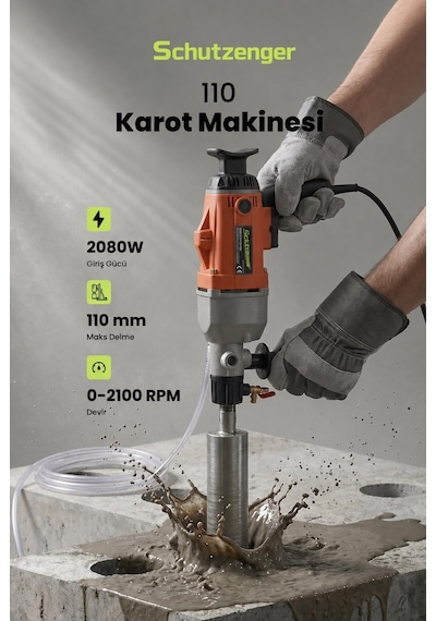 Profesyonel Karot Makinesi Sulu Sistem 110mm 2080w Motor Soğutmalı Sistem Beton Delme