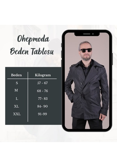 Ohepmoda Slim Fit Kemerli Erkek Trençkot Siyah