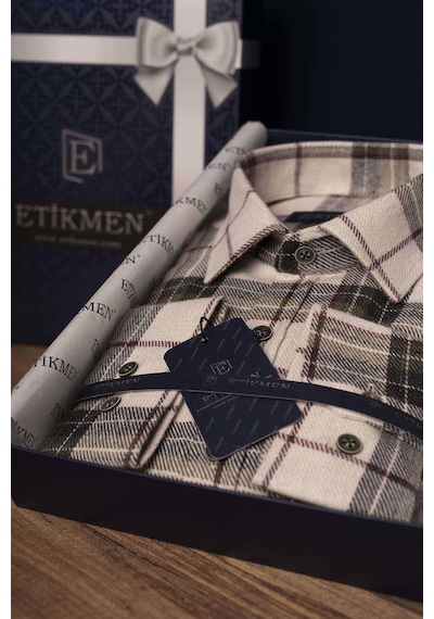 Krem Yeşil Desenli Slimfit Oduncu Erkek Gömlek Krem - Yeşil
